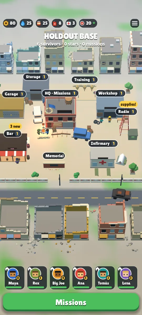 The survivors' base in Holdout: HQ, bar, workshop, infirmary and radio tower